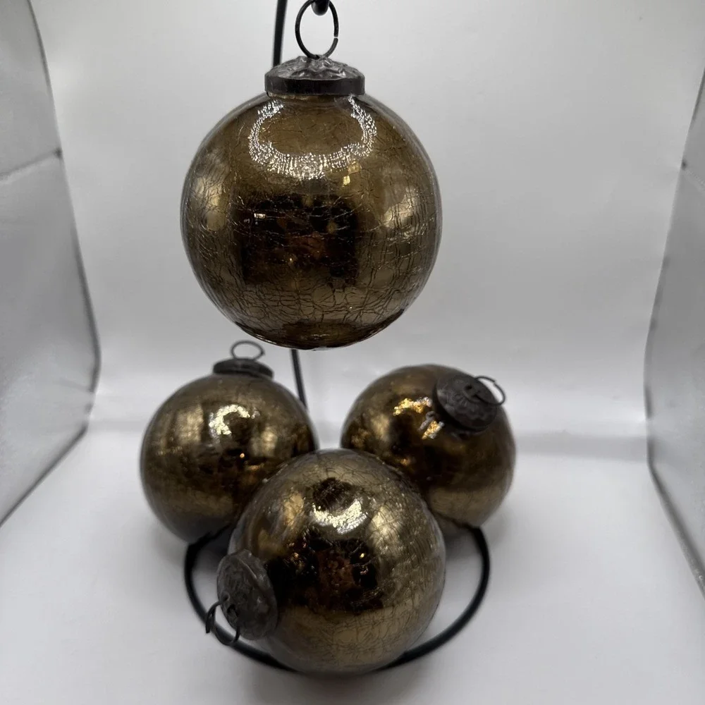 VTG Kugel Style Dark Gold Mercury Crackle Glass Christmas Ornaments Set Of 4
